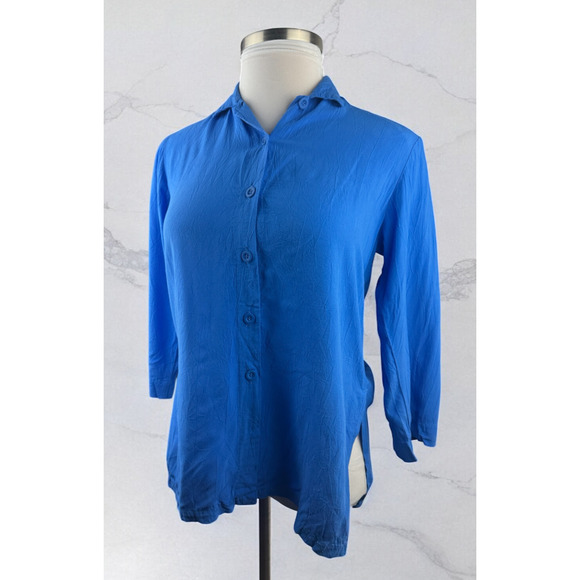 Jams World Tops - Jams World Solid Dutch Blue Button Blouse Crinkle Shirt Sz Small 3/4 Sleeve Top